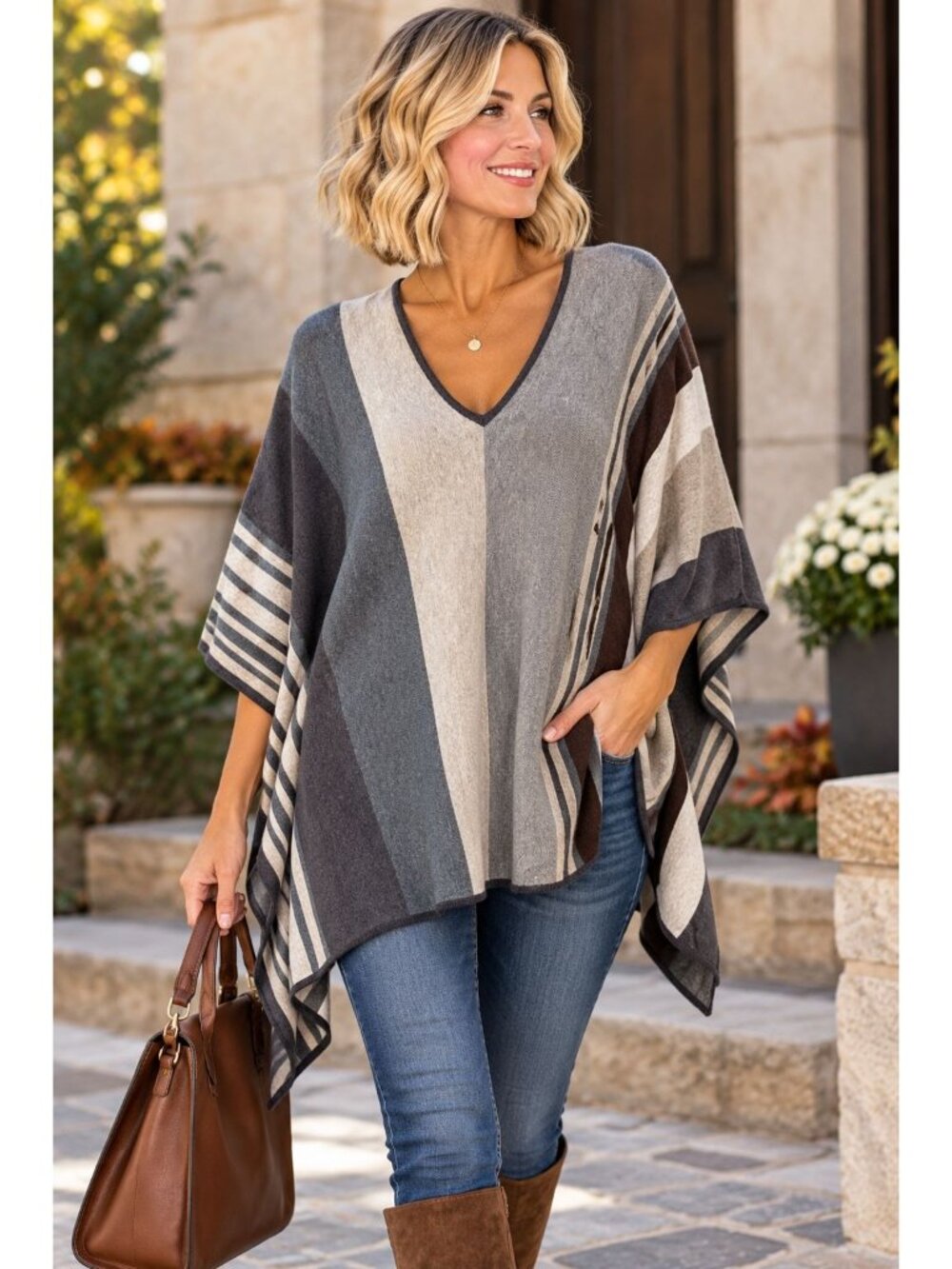 Cabi Colorblock Stripe Cotton Poncho Sweater Size Small #909